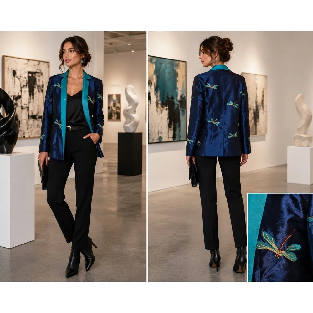Gump's Y2K Women's Chic Artisan Embroidered Dragonfly Navy Turquoise Jacket 6
